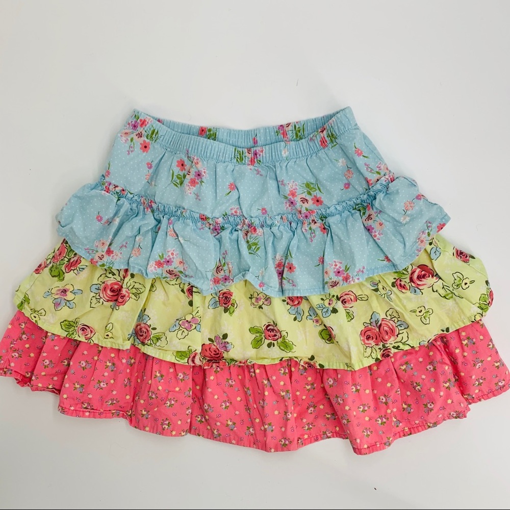 Girls Floral Tiered Ruffle Skirt - Blue, Yellow & Pink